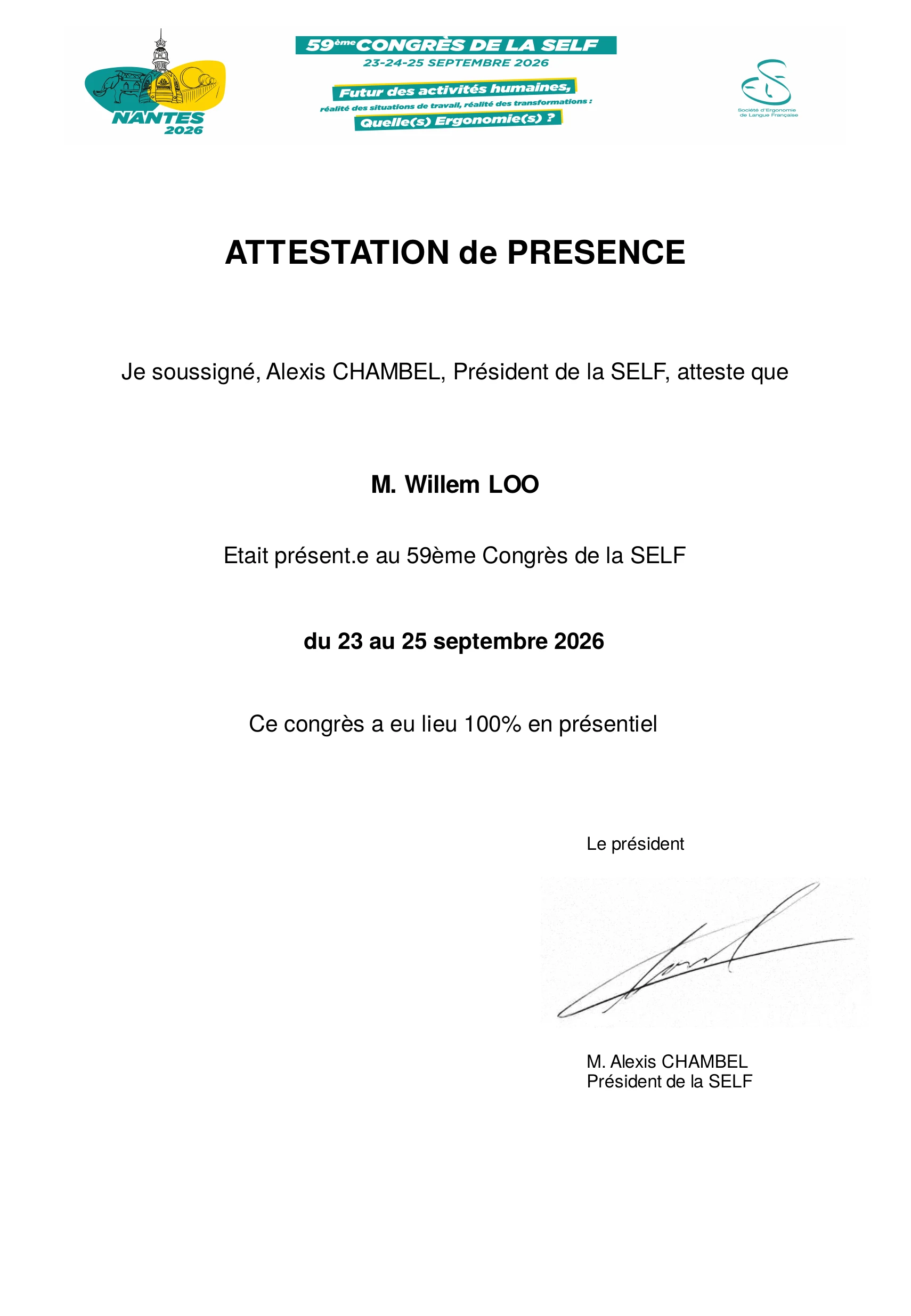 Attestation de présence de Willem Loo au 59e congrès de la SELF