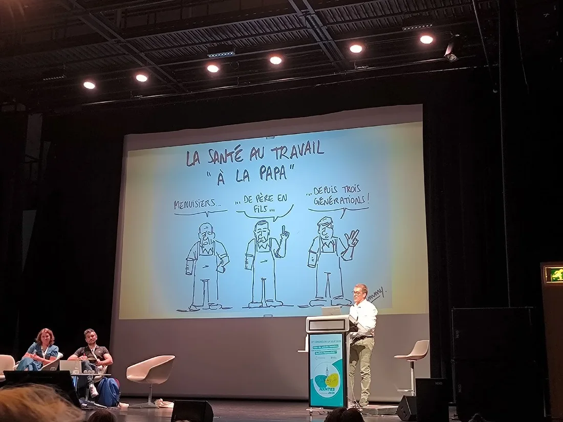 Dessin humoristique de Tommy : « La santé au travail à la papa » — menuisiers de père en fils depuis trois générations