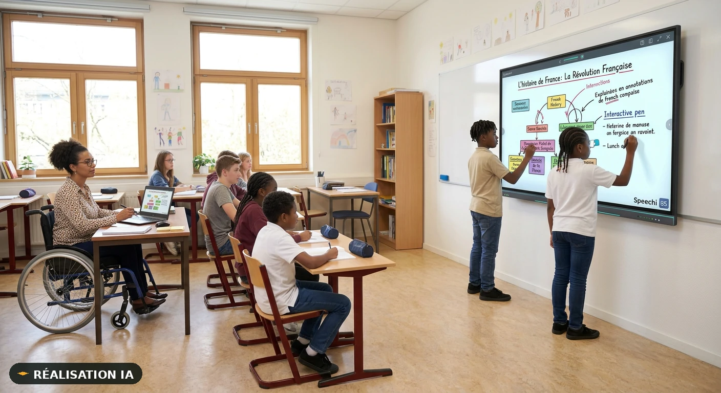 Illustration d'une salle de classe utilisant un écran interactif, avec une enseignante en fauteuil roulant